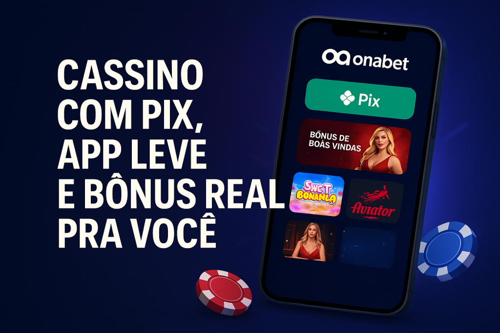 Banner do Onabet com fundo escuro, elementos de cassino e destaque para bônus, app e pagamentos via Pix
